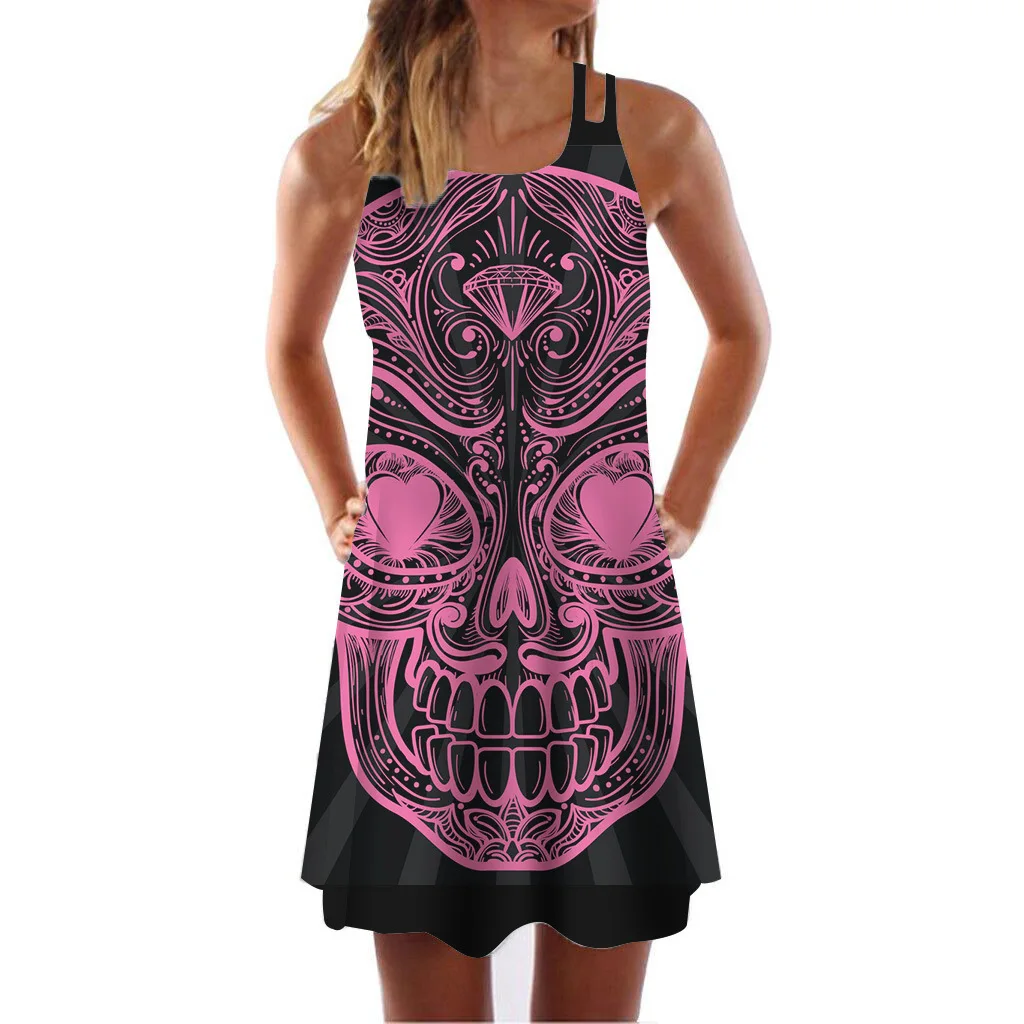 

Vova Hot Selling off-Shoulder Camisole Printed European And American Style Loose-Fit Extra Short Pleated Dress