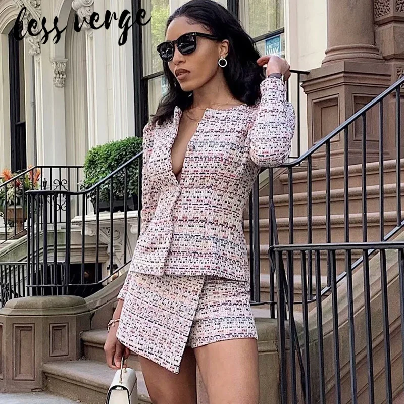 

Lessverge Elegant two piece set women tweed dress suit Plaid autumn winter slim short dress Female casual office dress vestidos