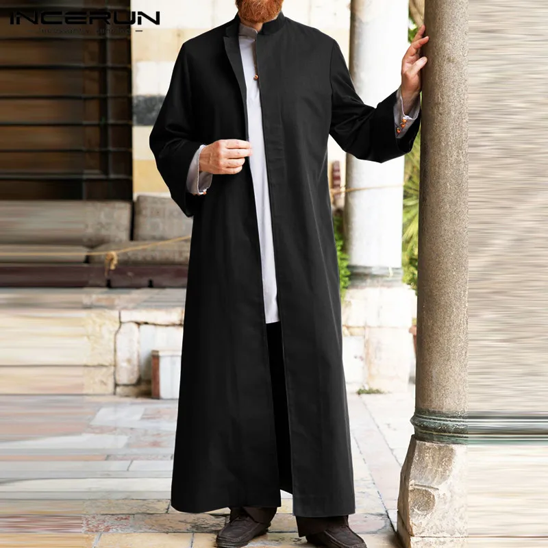 

Men Solid Muslim Long Tops INCERUN Vintage Autumn Long Sleeve Stand Collar Abaya Jubba Covered Button Islamic Clothing Plus Size