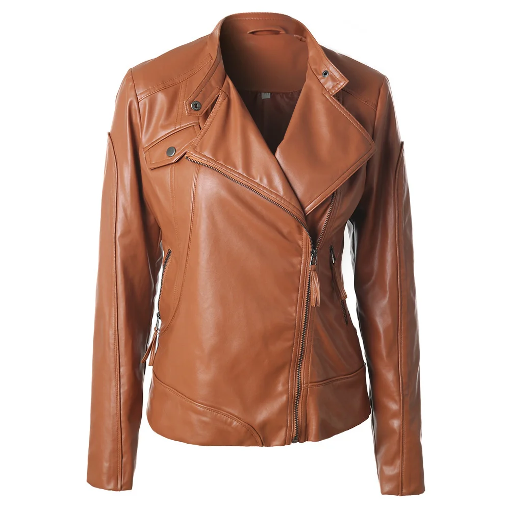 

Autumn And Winter Women's Fashion Jacket Solid Color Lapel Pu Leather Motorcycle Jacket Casual Rm*