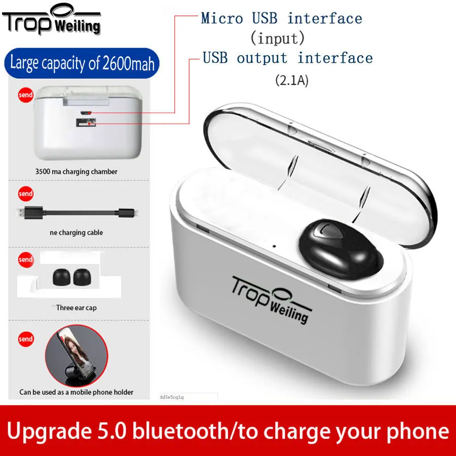 Беспроводные наушники TROP WEILING Mini Dual V5.0, Bluetooth наушники, 3D стерео звук, наушники с двойным микрофоном и зарядным устройством - Цвет: T-X9-White-B-S1