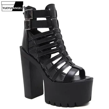 

Gladiator Sandals Women Leather Casual Summer Back Zipper Party Shoes Black High Heels Open Toe Platform Sandals Shoes Woman