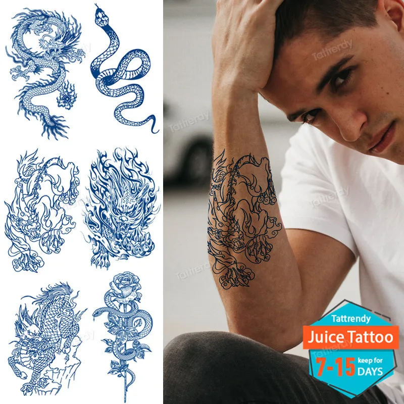 Dragon Tattoo Sticker Juice Lasting Tattoos Waterproof Temporary Tattoos For Men Arm Cool Stuff Aesthetic Design False Shoulder - AliExpress