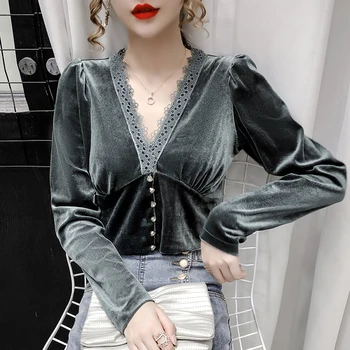 

COIGARSAM blouse women New Spring V-Neck blusas womens tops and blouses Brown Green Black 1597