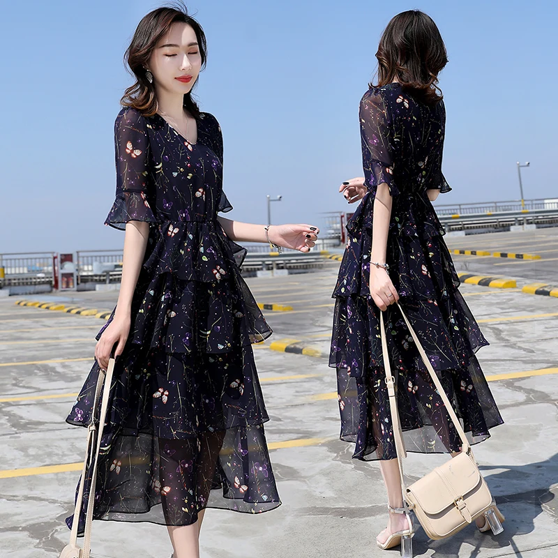 

Korean Style Female Summer Dress Purple Temperament Cake Clothes Women V-neck Floral Print Long Chiffon Dresses Ruffles