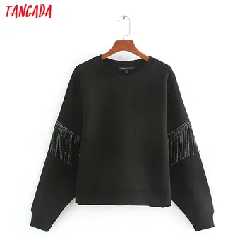 

Tangada women fashion tassel black sweatshirts oversize long sleeve O neck loose pullovers female tops CE213