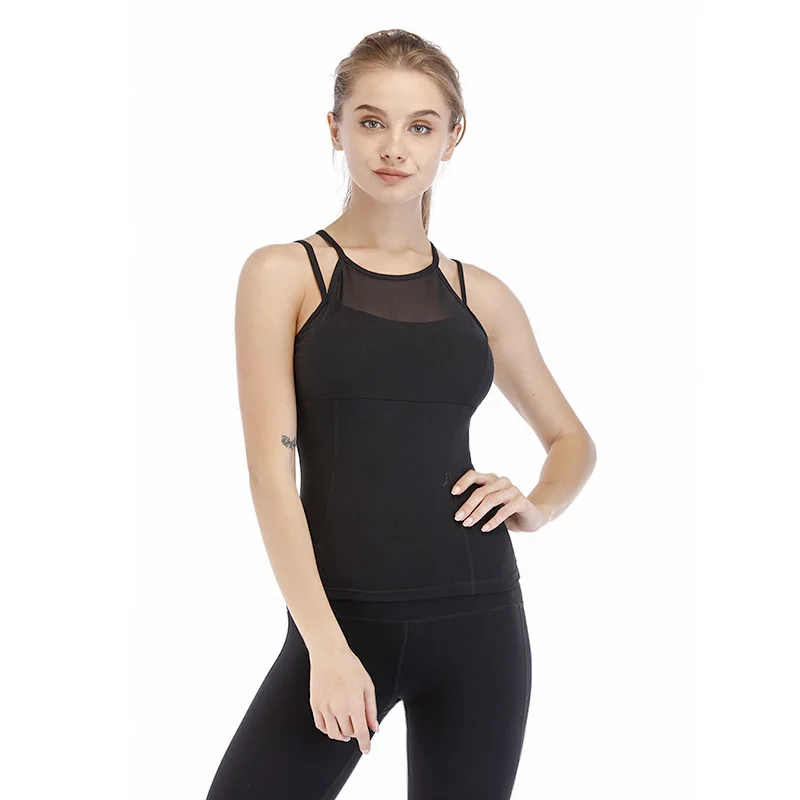 

Production Customizable 2018 Europe And America New Style Yoga Fitness Suit Tops Quick-Dry Elasticity Spell Mesh Belt Chest Pad