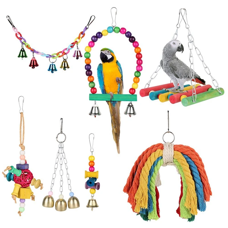 Birds Swing Toys, 7 Pcs Colorful Parrots Chewing Hanging Hammock Swing