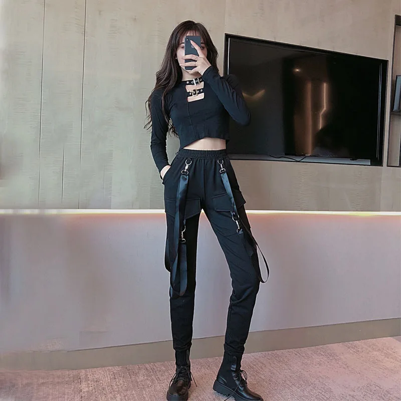 

Super Fire Fashion Sexy Jazz Short Navel T-shirt + High-waisted Take Slimming Bib Overall Set WOMEN'S Dress Autumn-