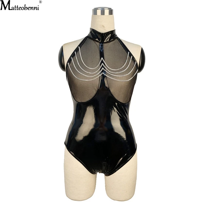 sexy bodysuit Fashion Sexy Faux Leather Catsuit PVC Latex Bodysuit Hollow out Bust Open Crotch Clubwear Fetish Hot Erotic Pole Dance Bodysuit leather bodysuit