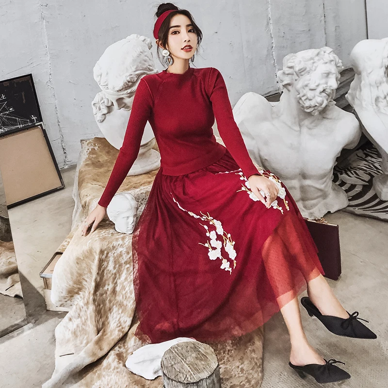 YOSIMI осень зима эластичное женское платье-свитер Vestidos макси с вышивкой длинное женское платье с О-образным вырезом и длинным рукавом