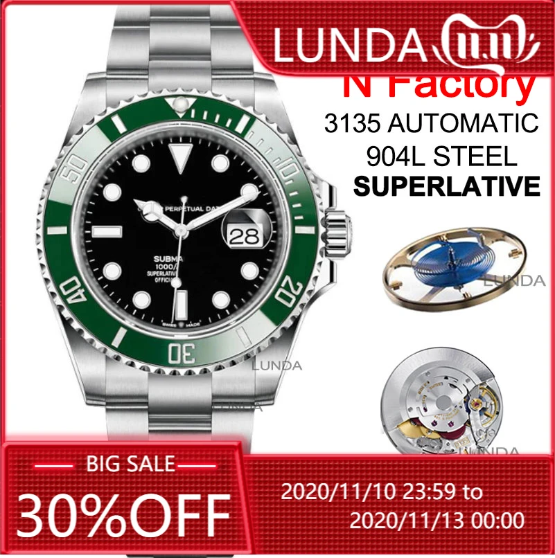 N RLX Men Watch 904L Submari 3135 Automatic Date Series New Green Black Waterproof Automatic Mechanical Men's Watch 126610LV afbeelding