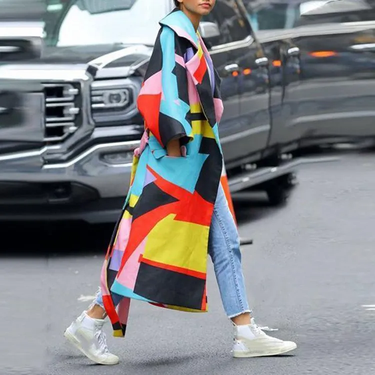 

Plus Size 2019 Autumn Casual Trench Coat Women Print Long Outwear Patchwork Turn-Down Collar Long Sleeve Print Fashion Coat