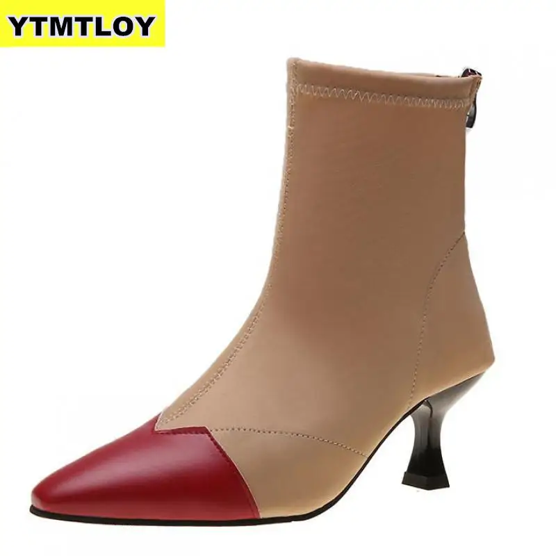 

SIZE 35-42 Women Ankle Sock Boots Fashion Autumn Winter Stretch Boots 6CM Stiletto High Heels Pointed Toe Women Shoes Red Black