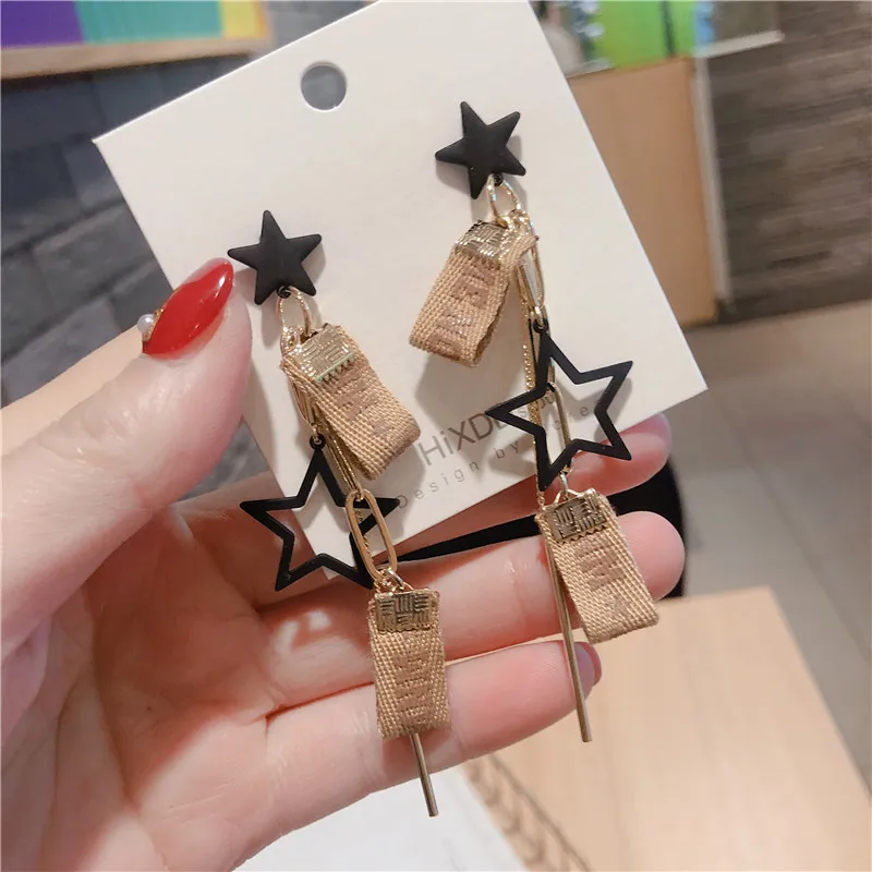 Beige Новые Женские Висячие серьги милые звезды Лента ткань длинные висячие серьги Модные аксессуары трендовые ювелирные изделия - Окраска металла: Beige