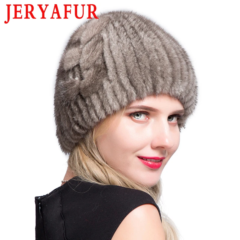 JERYAFUR зимняя женская модная Лыжная шапка из меха норки, Зимний пуловер, шапка с искусственными бриллиантами, декоративная меховая шапка