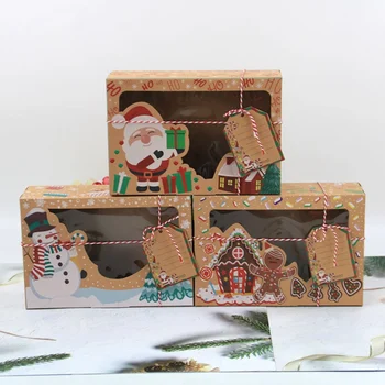 

12 Pcs Christmas Cookie Gift Boxes New Year Favors Boxes With Clear Window Kraft Paper Boxes Candy Arts Package Box