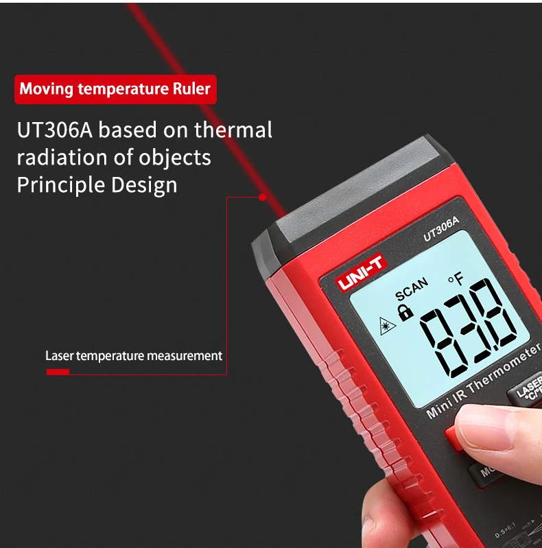 UNI-T UT306A мини ЖК-дисплей инфракрасный термометр для измерения температуры-35~ 300C-; большой размерный ряд(31-572F красный лазерный Температура метр C/F Пирометр