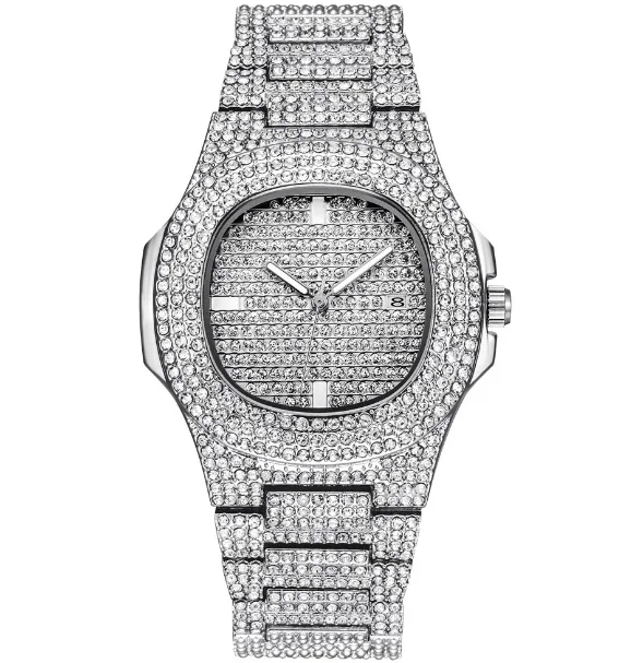 Подарок для пары, женские часы в стиле хип-хоп, с бриллиантами, мужские деловые часы из нержавеющей стали, наручные часы для влюбленных, уникальные - Цвет: Серебристый