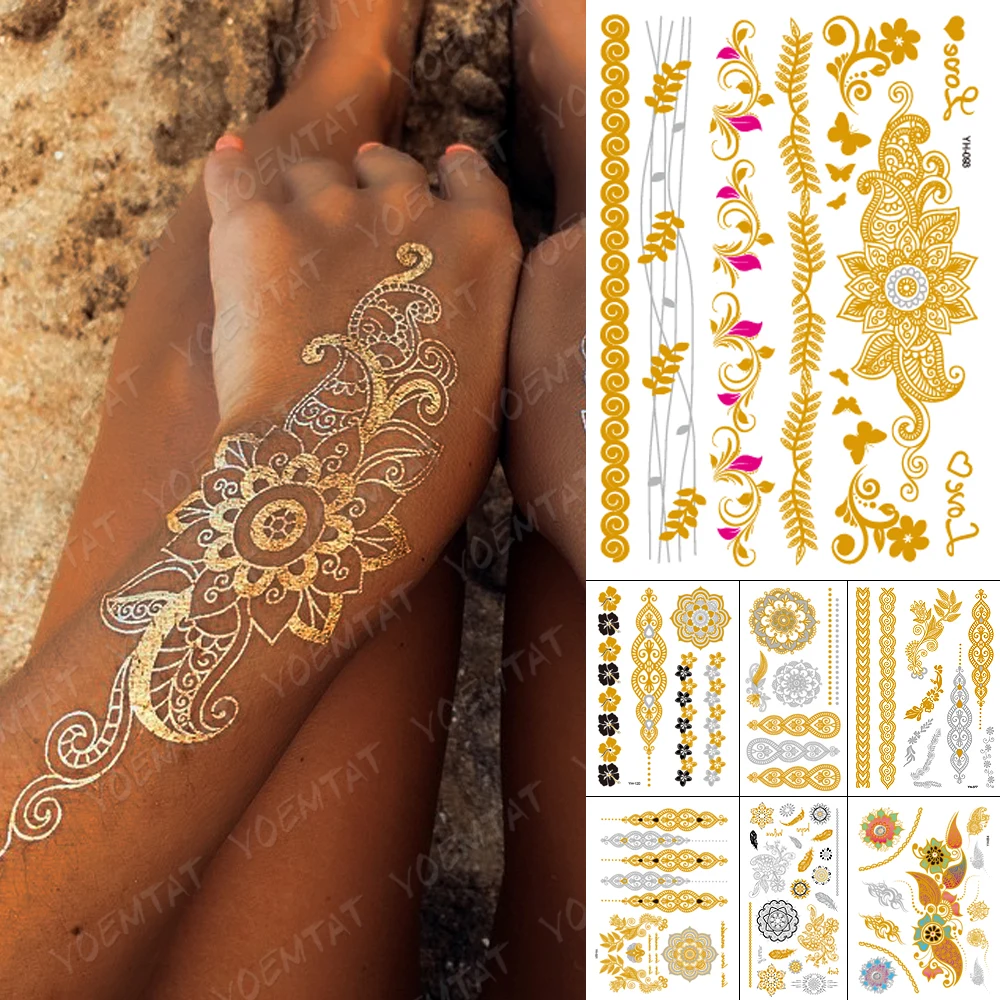 

Wholesale Waterproof Temporary Tattoo Sticker Flowers Mandala Henna Gold Silver Metallic Flash Tatoo Boho Lotus Glitter Body Art