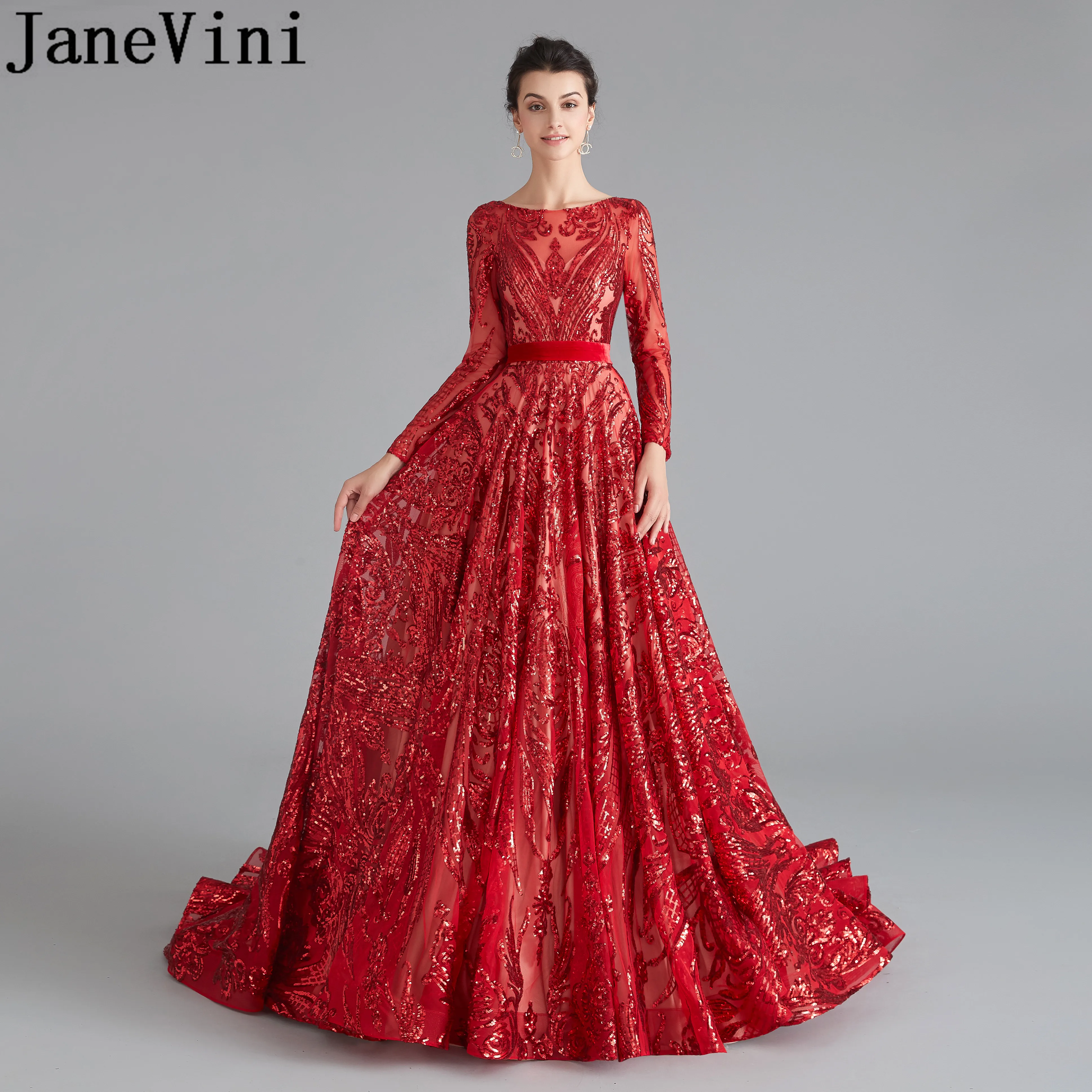 

JaneVini Arabic Red Evening Prom Dresses 2019 Bling Bling Sequined Gala Party Dress Ballkleider Lang Luxury Open Back Women Gown