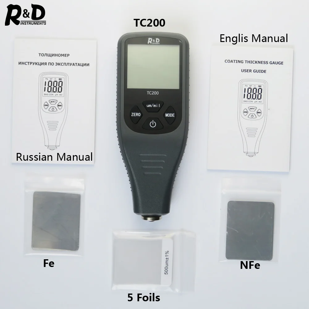 R& D TC200+ чехол толщиномер покрытия 0.1мкм/0-1500 тестер толщины краски автомобиля FE/NFE русский ручной ремонт кузова белый