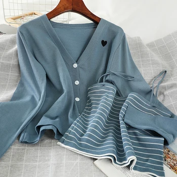 

Women's Sets New Long-Sleeve Sunscreen Shirt Knitwear Base Striped Short Small Strap Two-Piece Set Knitted Shirt for Women Suit