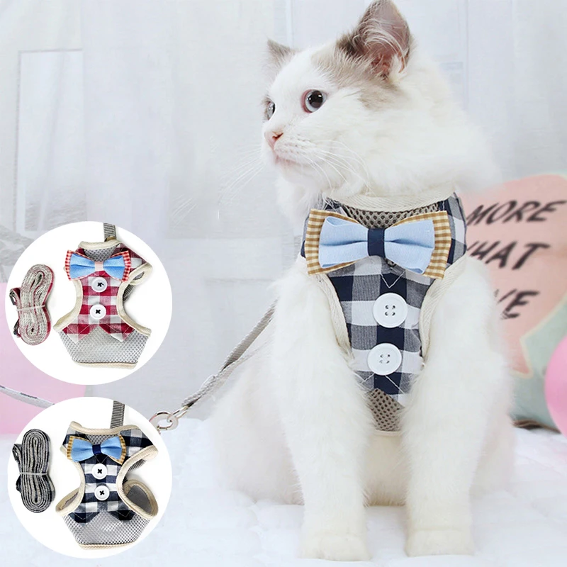 Cute Bowknot Cat Harness And Leash Set Adjustable Breathable Mesh Vest Harnesses Leads For Small Dogs Cats Outdoor Pet Supplies