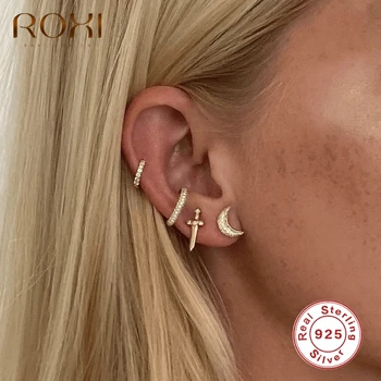 

ROXI Luxury Zircon Crystals Cross Dagger Piercing Stud Earrings for Women Men Girl Banquet 925 Sterling Silver Cartilage Earring