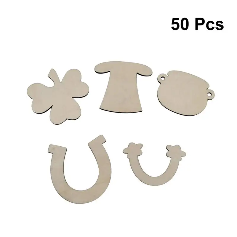 

50PC Wood Pieces St. Patrick'S Day Clover Horseshoe Rainbow Hat Gold Jar DIY Blank Wooden Piece Decoration Hanging Pendants