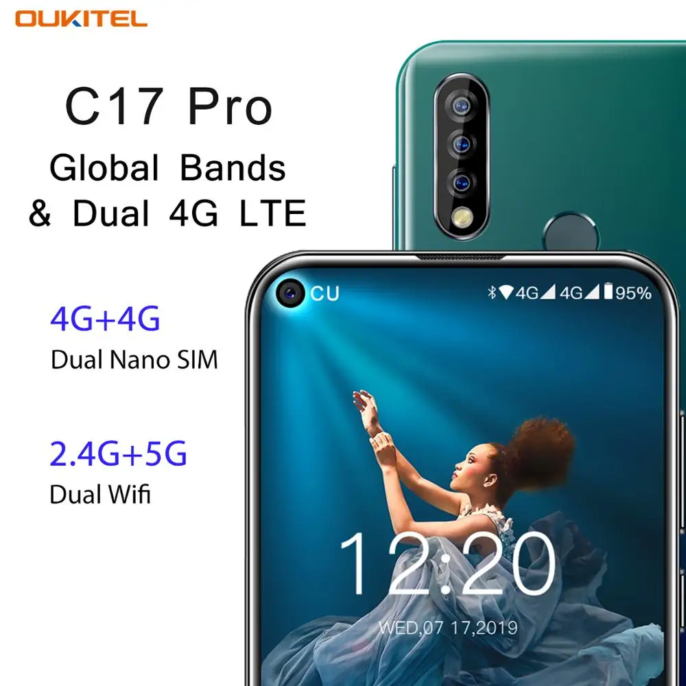 Мобильный телефон OUKITEL C17 Pro 6,3" 19:9 Android 9,0, Восьмиядерный процессор MT6763, 4 Гб ОЗУ, 64 Гб ПЗУ, отпечаток пальца, 3900 мА/ч, тройная камера Sma