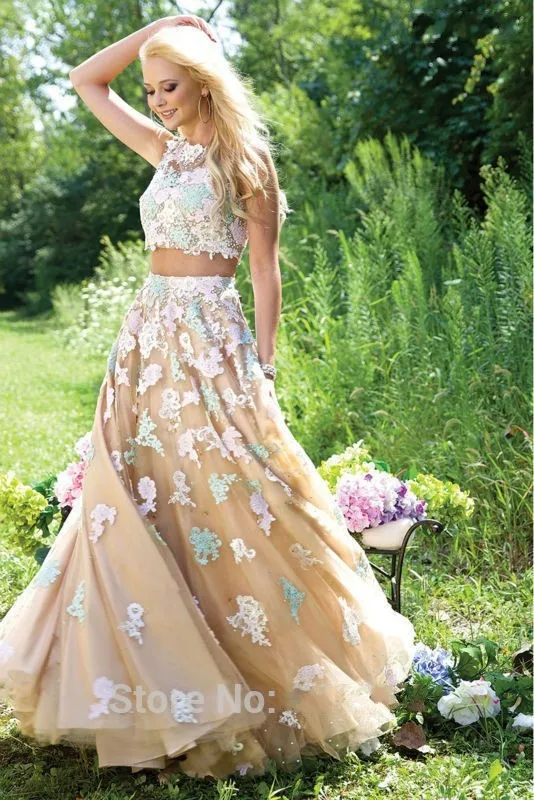Vestido de noiva Festa, Новое поступление, укороченный топ цвета шампанского, платье для выпускного вечера с разноцветной аппликацией, длинные платья подружек невесты из 2 предметов