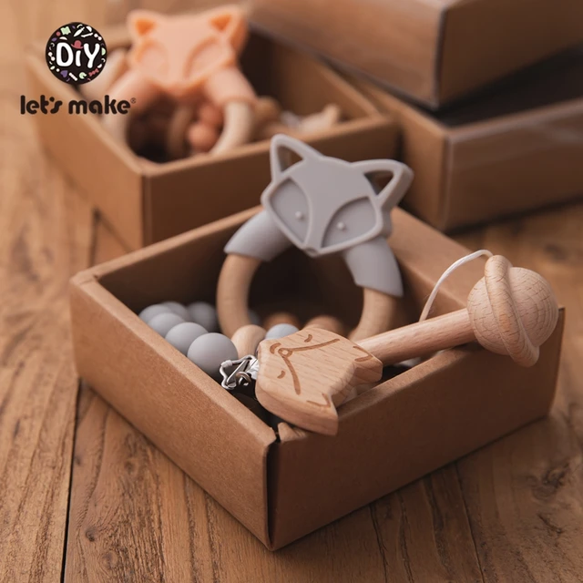 Let's Make 3pcs/set Baby's Beech Silicagel Rattle Suit Fox Teether Food Grade Free BPA Baby Toys Gift Products Kids With Box