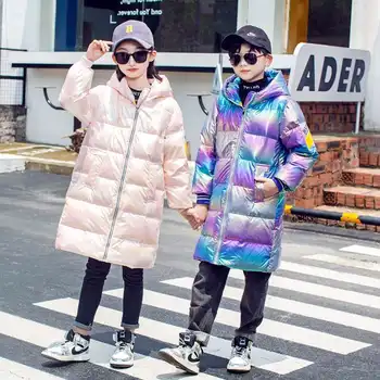 

White duck down children's colorful down jackets for men and women, middle school children and students long shiny thick coat