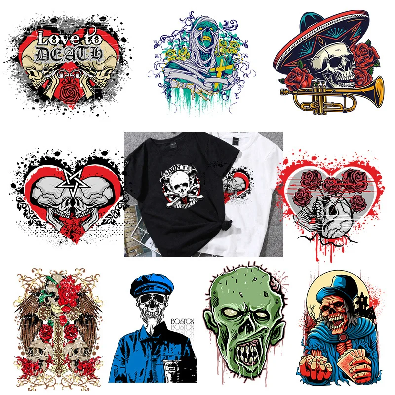 

Punk Skull Heat transfer Stripes Patches Heart Skeleton Applique Thermo Sticker On Clothes Iron On Transfers For Clothes