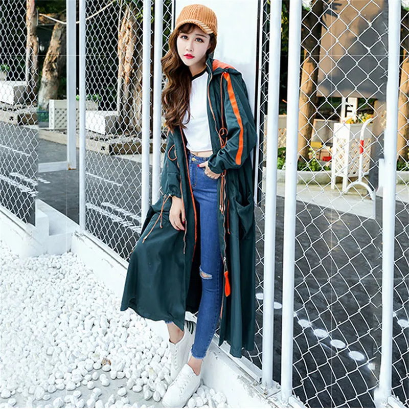2020 new Chic Long Trench Coats Women's Spring Autumn Hooded Coat fashion Korean Long Sleeve Waisted Windbreaker Outerwear g162