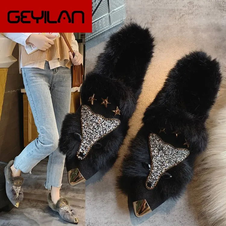 

Shoes Female 2019 Pointed Doudou Joker Plus Velvet Fox Velvet Face Rubber Shallow Mouth Single Scoop Shoes