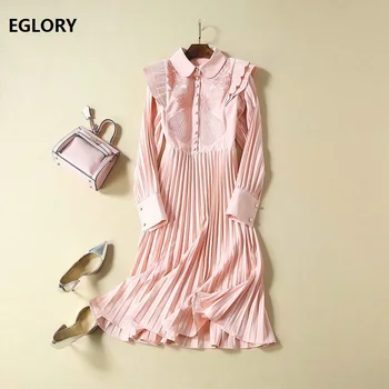 

2019 Autumn Fashon Dress High Quality Women Peter Pan Collar Hollow Out Embroidery Long Sleeve Pleated Dress Sweet Pink Party