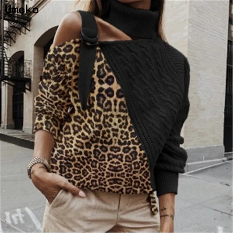 Umeko Autumn Winter Pre-sale Leopard Halter Knit Sweater Women Jumper Strapless Pullover Long Sleeve Female Knitwear Pull Femme