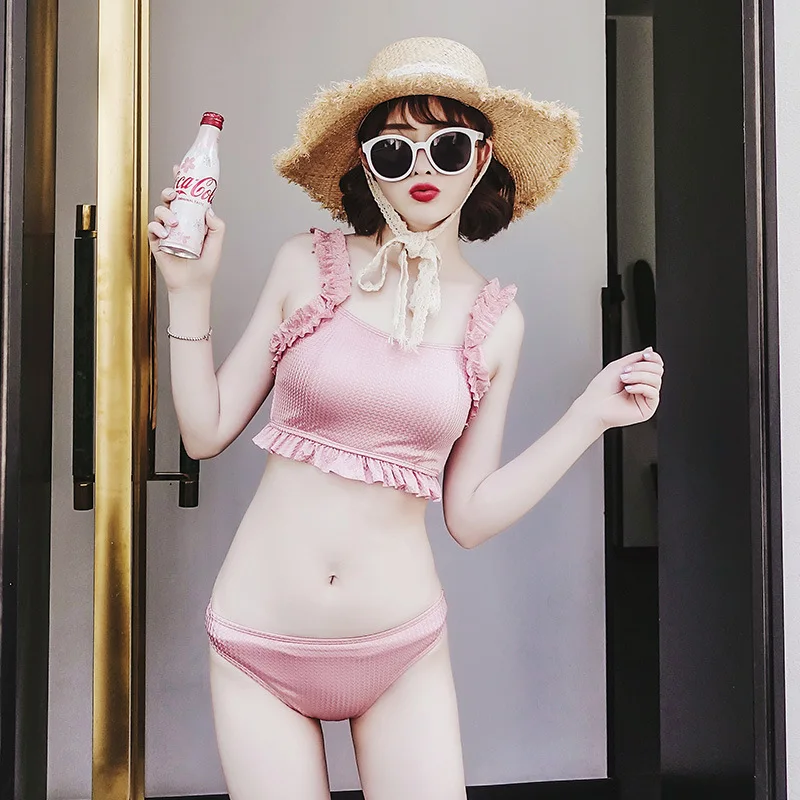 

Students Split Type Bikini Bathing Suit Three-piece Set Comfortable And Not on Chest Conservative Divided Skirt Cute Frilled Ste