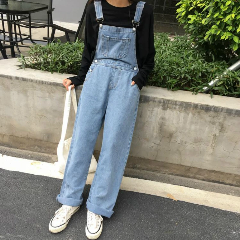 

Long Denim Strap Slim All-match Vintage Women Streetwear BF Leisure Simple Chic Students Jumpsuits Autumn Winter New Fashion