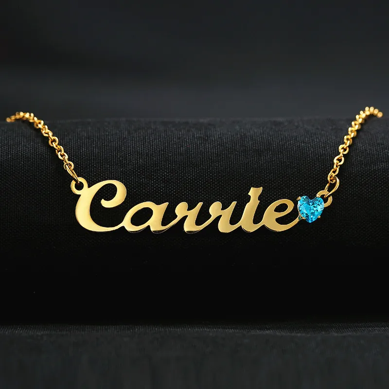 

Personalized Custom Name Birthstone Necklace Stainless Steel Nameplate Choker Handwriting Signature Necklace For Girls
