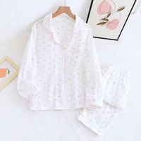 Fdfklak Spring Fall Full Sleeve Homewear Loose 2Pcs Pajama Set 100% Gauze Cotton Casual Print Sleeping Shirt Home Wear Clothes - Image 3