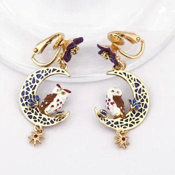 

2019 new arrival owl moon design enamel flower stud earrings brand cute high quality clip earrings girl women gift