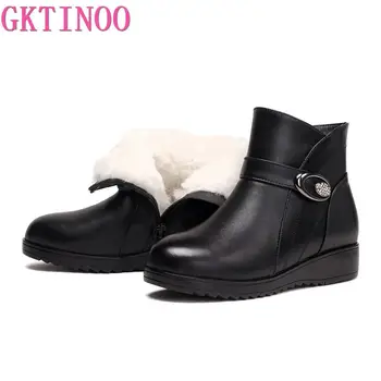 

GKTINOO 2019 Women Snow Boots Vintage Genuine Leather Natural Wool Fur Winter Warm Ankle Boots For Women Flat Mother Shoes
