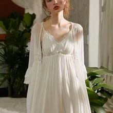 Королевская ночная рубашка с глубоким v-образным вырезом и коротким рукавом, женские белые кружевные сексуальные ночные костюмы с вышивкой, винтажные женские хлопковые газовые халаты