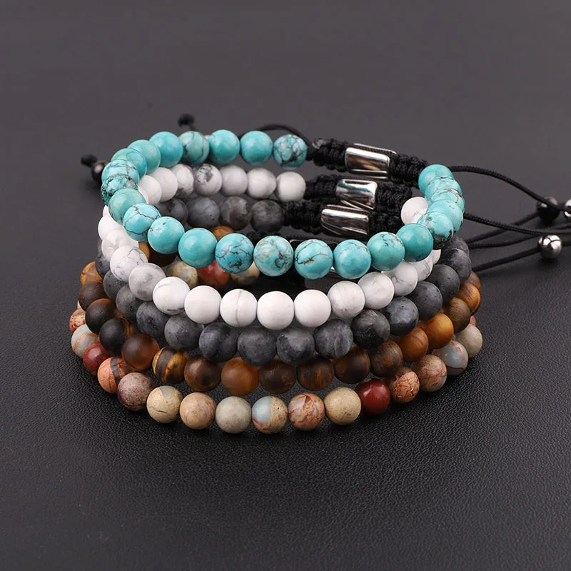 New Fashion 6mm Frost Matte Natural Stone Tiger Eye Turquoise Stainless Steel Beaded Braided Macrame Bracelet Men Women - Image 4