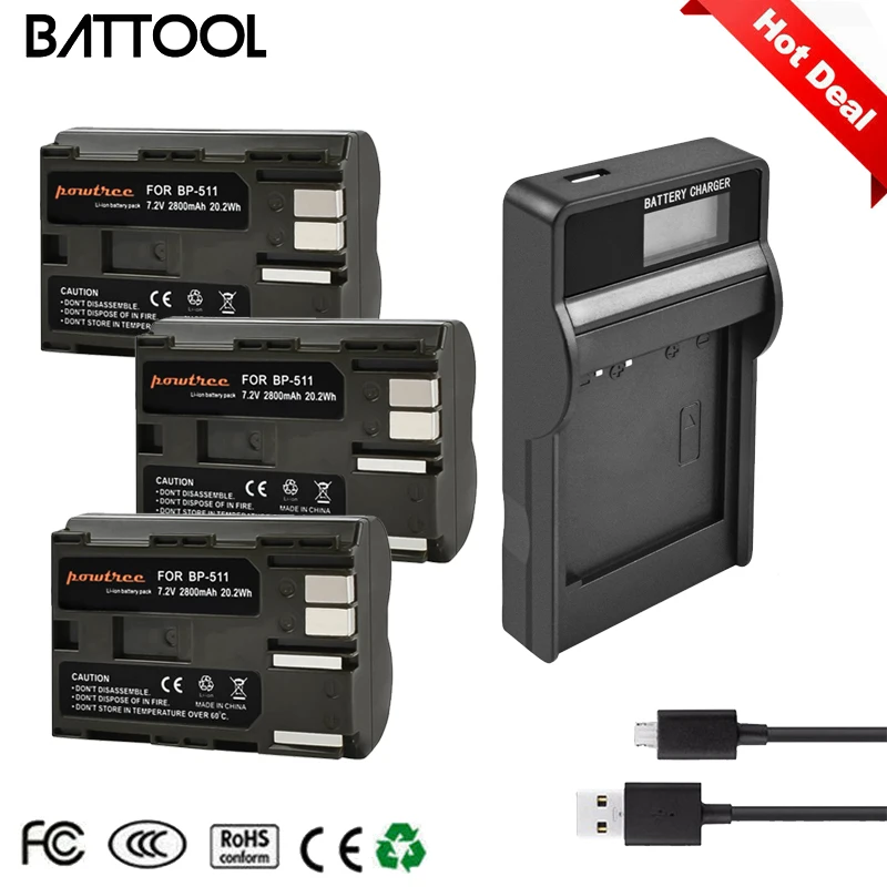 Batcool 2200 мАч BP 511A 511 BP511 BP511A батарея + ЖК зарядное устройство для камеры Canon EOS 40D 300D 5D
