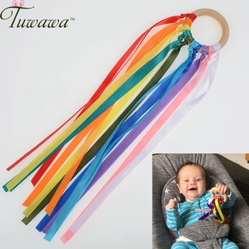 

Rainbow Natural Wooden Ribbon Ring Waldorf Toys Baby Teether Newborn Sensory Toy Shower Gift