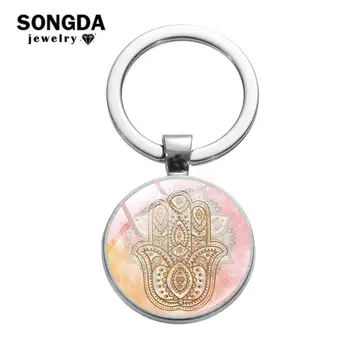 

SONGDA Hamsa Hand of Fatima Keychain Folk Art Pattern 25mm Glass Cabochon Metal Key Ring Car Key Chain Amulet Bag Charm Trinkets